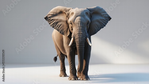 Realistic elephant standing on white background with natural lighting  