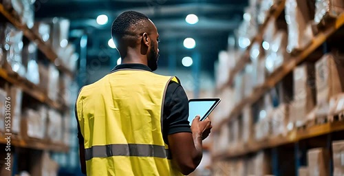 man in a yellow vest working with a tablet computer at a warehouse