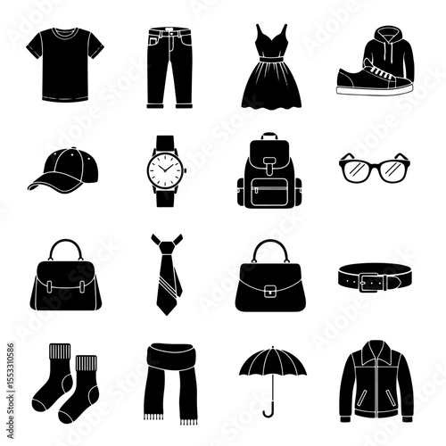 Collection of sixteen black clothing and accessory icons arranged in a grid pattern.
