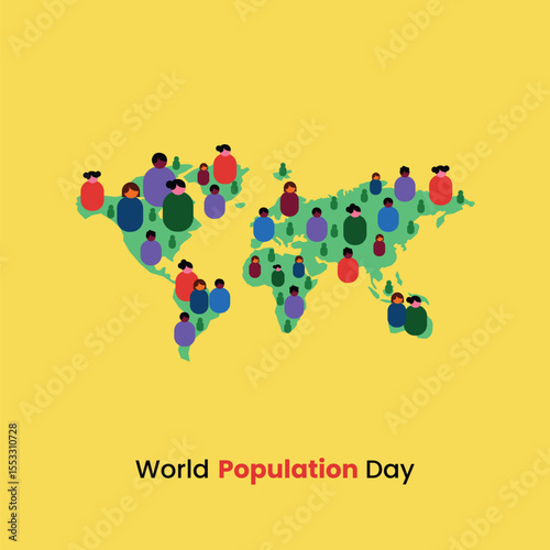 Illustration of people scattered across a world map- global population distribution and diversity.