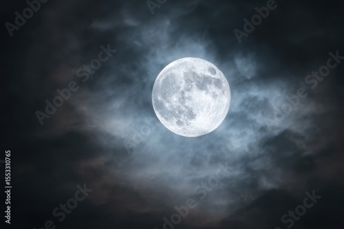Full Moon Shining Brightly Through Ominous Dark Clouds in the Night Sky Above