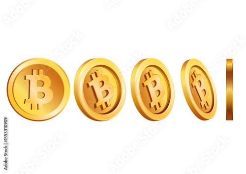 Lineup of golden Bitcoin coins presented from multiple angles to highlight their design and digital currency attributes