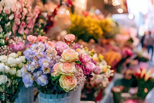 Colorful flowers in the flower shop, pastel colors, soft lighting, blurred background of different types and colors