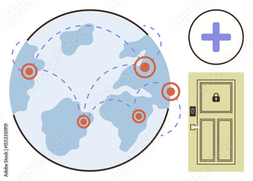World map with networking paths, red nodes, locked door, and plus sign emphasizing connection and security. Ideal for global connectivity, data access, cybersecurity, healthcare, technology