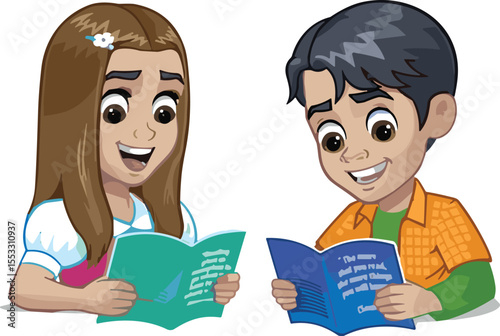 Girl and Boy Joyfully Reading Books Together, Young Diverse Children Learning Studying Education Literacy Happy School Kids Enjoying Storytelling Adventure Fun

.