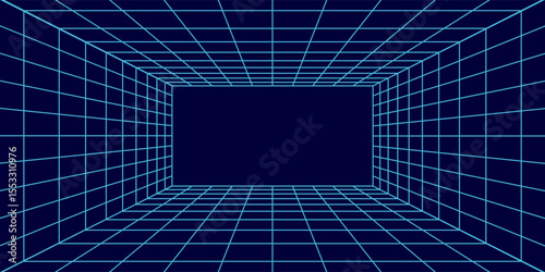 3D wireframe room on the blue background. Vector perspective grid. Box with digital space.