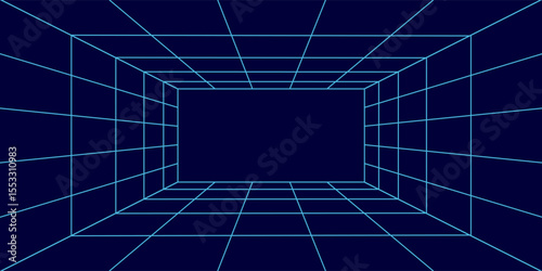 3D wireframe room on the blue background. Vector perspective grid. Box with digital space.