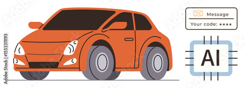 Compact orange car reflects AI technology with a digital messaging system. Ideal for innovation, technology, transportation, AI automation, communication, smart vehicles, and futuristic concepts