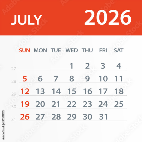 July 2026 Calendar Leaf - Vector Illustration