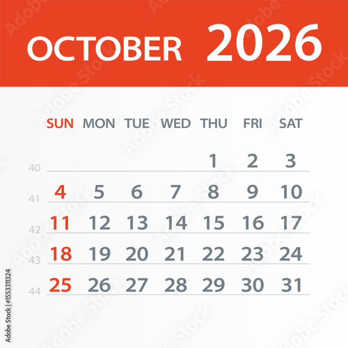October 2026 Calendar Leaf - Vector Illustration