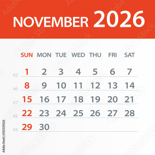 November 2026 Calendar Leaf - Vector Illustration