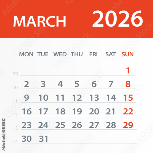 March 2026 Calendar Leaf - Vector Illustration. Week starts on Monday