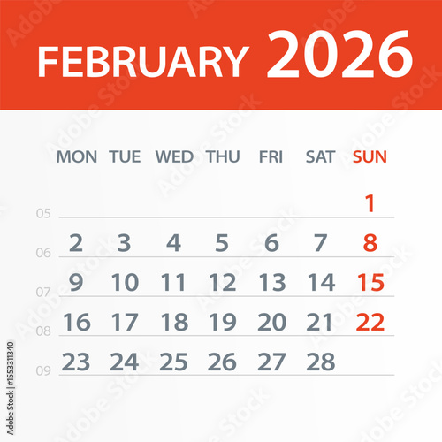 February 2026 Calendar Leaf - Vector Illustration. Week starts on Monday