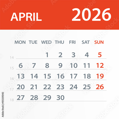 April 2026 Calendar Leaf - Vector Illustration. Week starts on Monday