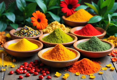 Vibrant Indian Spices and Colorful Curry Powders on Wooden Table with Lush Greenery

