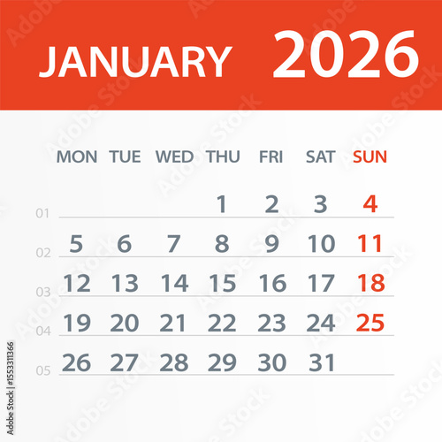 January 2026 Calendar Leaf - Vector Illustration. Week starts on Monday