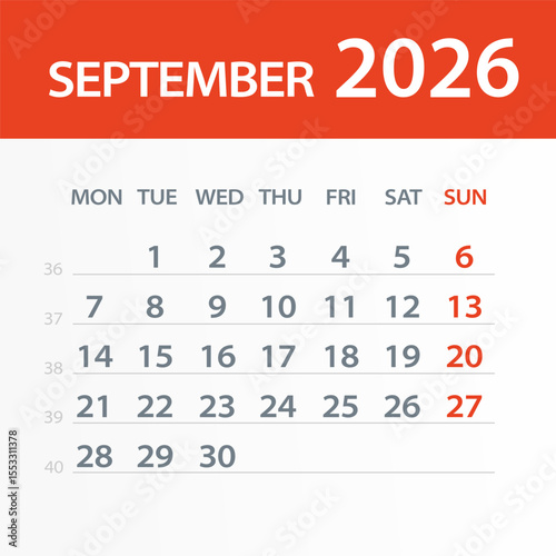 September 2026 Calendar Leaf - Vector Illustration. Week starts on Monday