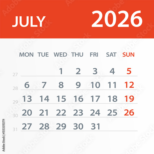 July 2026 Calendar Leaf - Vector Illustration. Week starts on Monday