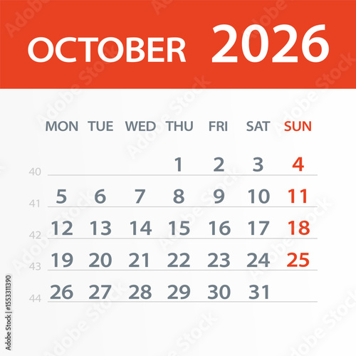 October 2026 Calendar Leaf - Vector Illustration. Week starts on Monday