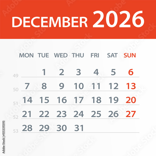 December 2026 Calendar Leaf - Vector Illustration. Week starts on Monday