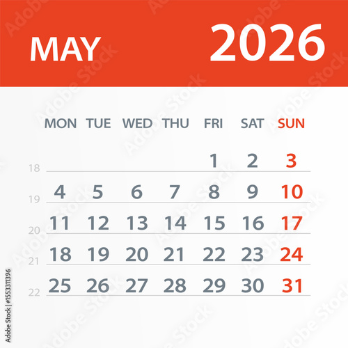 May 2026 Calendar Leaf - Vector Illustration. Week starts on Monday