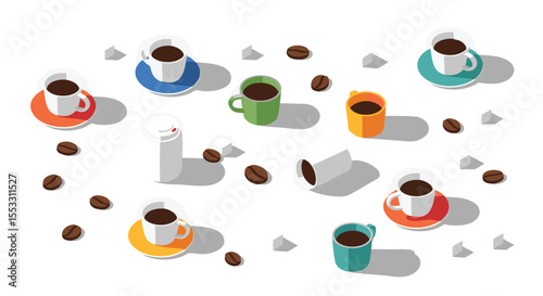 Colorful Isometric Coffee Cup Collection With Beans And Sugar Cubes On A White Background