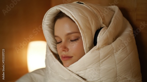 Minimalist Japanese sleep kimono with integrated sound, soft futuristic glow, and sleep helmet in meditative high-tech interior for total rest