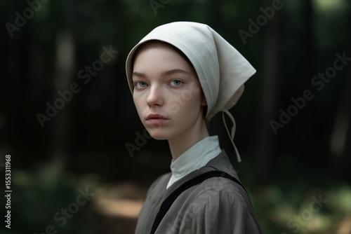 A moody and atmospheric portrait of a young woman in historical clothing and a white bonnet, with a serious expression in a dark forest setting