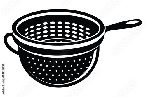 Black and White Vector Image of a Perforated Metal Colander with Two Handles
