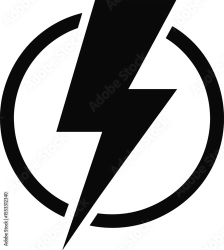 A Bold Black and White Lightning Bolt Icon within a Circular Frame, Symbolizing Power, Energy, Speed, Electricity, and Quickness, Perfect for Technology, Charging, Alerts, and Dynamic Concepts.