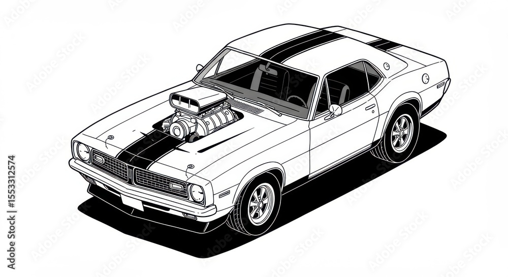 Naklejka premium Classic Muscle Car with Supercharger and Racing Stripes