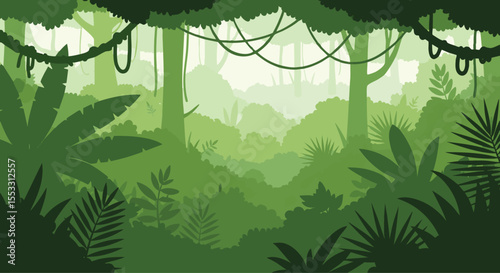 Vibrant Green Tropical Jungle Landscape with Lush Dense Foliage and Hanging Vines Flat Design Vector