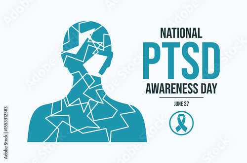 National PTSD Awareness Day poster vector illustration. Fragmented person vector. Posttraumatic stress disorder teal awareness ribbon icon. Template for background, banner, card. 27 June