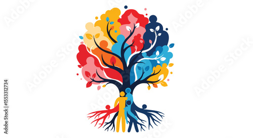 Abstract Colorful Tree Crafted from Diverse Human Figures Symbolizing Unity, Growth, and Connection
