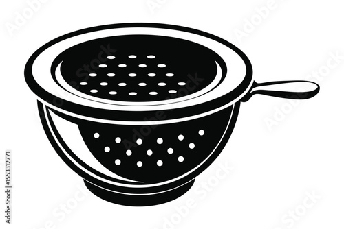 Black and White Illustration of a Colander with Handle and Drainage Holes