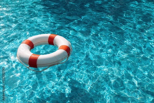 A white  orange life preserver floats in shimmering blue pool water