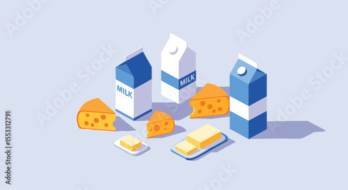 Fresh Dairy Products Collection: Milk, Cheese, and Butter in Isometric Flat Design Illustration