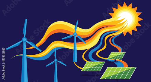 Vibrant Abstract Illustration of Green Power Generation from Solar and Wind Sources