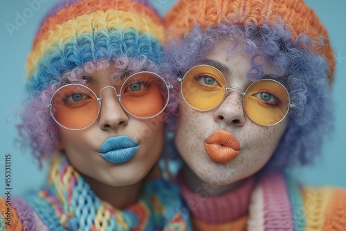 A fun close-up of a diverse couple wearing colorful rainbow hats and glasses, puckering their lips for a selfie. A celebration of pride and love