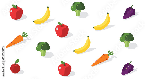 Colorful Isometric Flat Design Pattern of Fresh Fruits and Vegetables for Healthy Eating