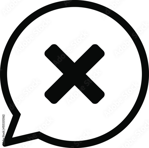 A Bold Black X Mark Icon within a Speech Bubble Shape, Symbolizing Error, Close, Delete, Incorrect, and Cancellation, Perfect for Notifications, Warnings, Dismissals, and Interface Design Elements.