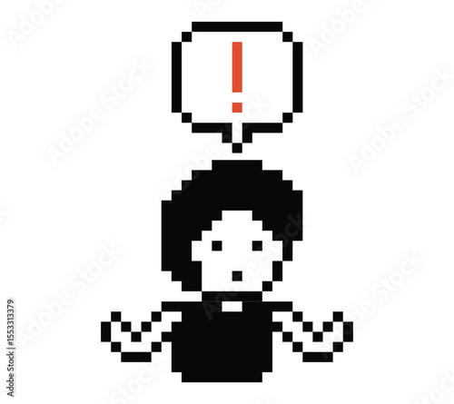 Cute pixel cartoon character man notice with exclamation mark decoration 8 bit male boy surprise idea exclamation alert cartoon pixel video game 8bit png vector.