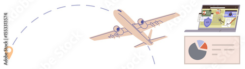Airplane in mid-flight, dotted trajectory line, location marker, laptop showing security monitoring and data metrics. Ideal for travel, aviation, logistics, cybersecurity, analytics navigation
