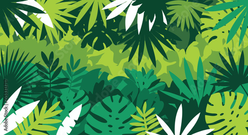Vibrant Green Botanical Backdrop Showcasing Diverse Tropical Leaves in a Lush Jungle Setting