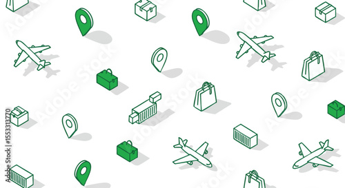 Modern Isometric Pattern Showcasing Green Logistics, Travel, Shipping, And Delivery Icons On White