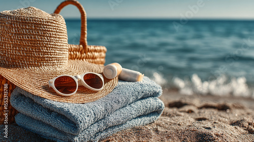 Summer beach essentials--including straw hat, white sunglasses, and sunscreen--rest in a wicker bag on a blue towel near the ocean