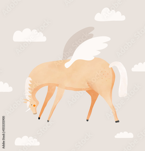 Cute Magical Unicorn. Funny Simple Vector Illustration Of Light Brown Unicorn With White Wings on a Light Gray Background. Nursery Art Ideal For Wal Art, Poster, Card. Kids Room Decoration. 