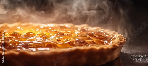 A warm pecan pie with a caramelized sugar topping