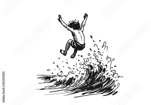 Swimming at sea  hand drawn vector illustration