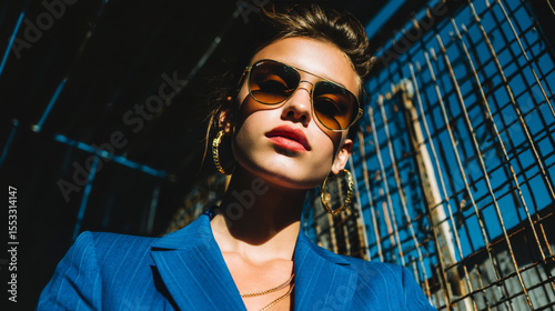 Young woman in a stylish blue suit and sunglasses poses confidently near a metal grid background